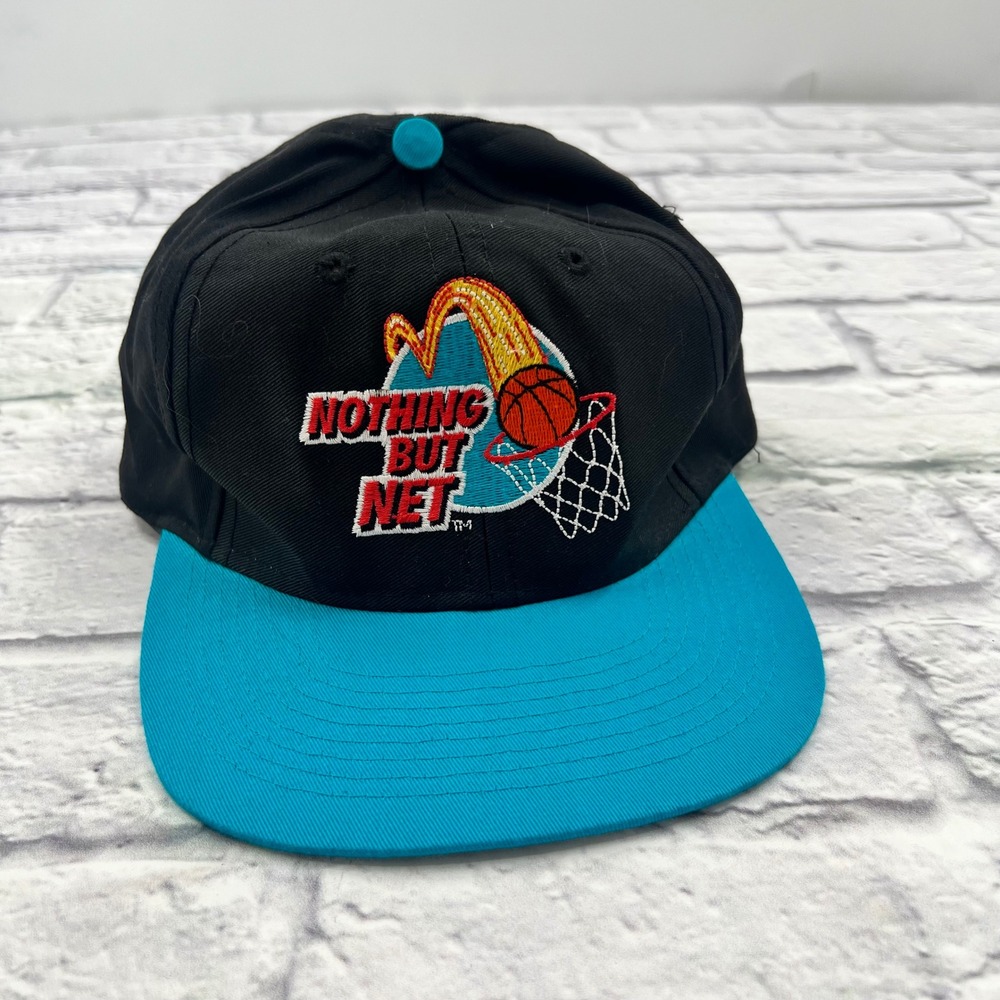 Vintage 1993 McDonalds Arch Deluxe Nothing But Net Snapback Hat Black Teal GS